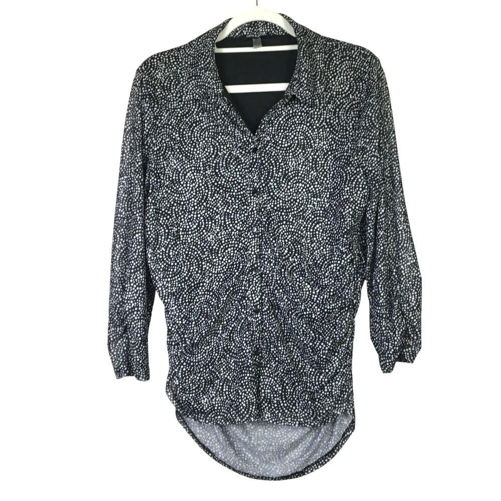 Cable & Gauge Polka Dot Ruched Mesh Blouse Button Down Black White‎